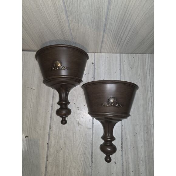 VTG 1963 Wall Pocket Planters Mid Century Wood Grain Plastic USA Set Of 2 - Picture 1 of 5